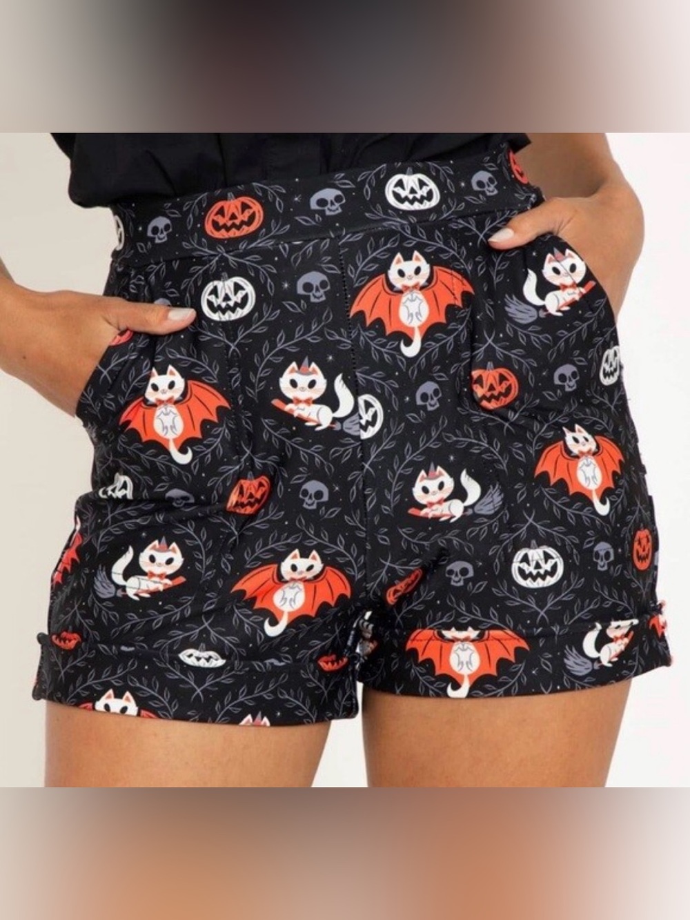 BlackMilk Spooky Feline Cuffed Shorts